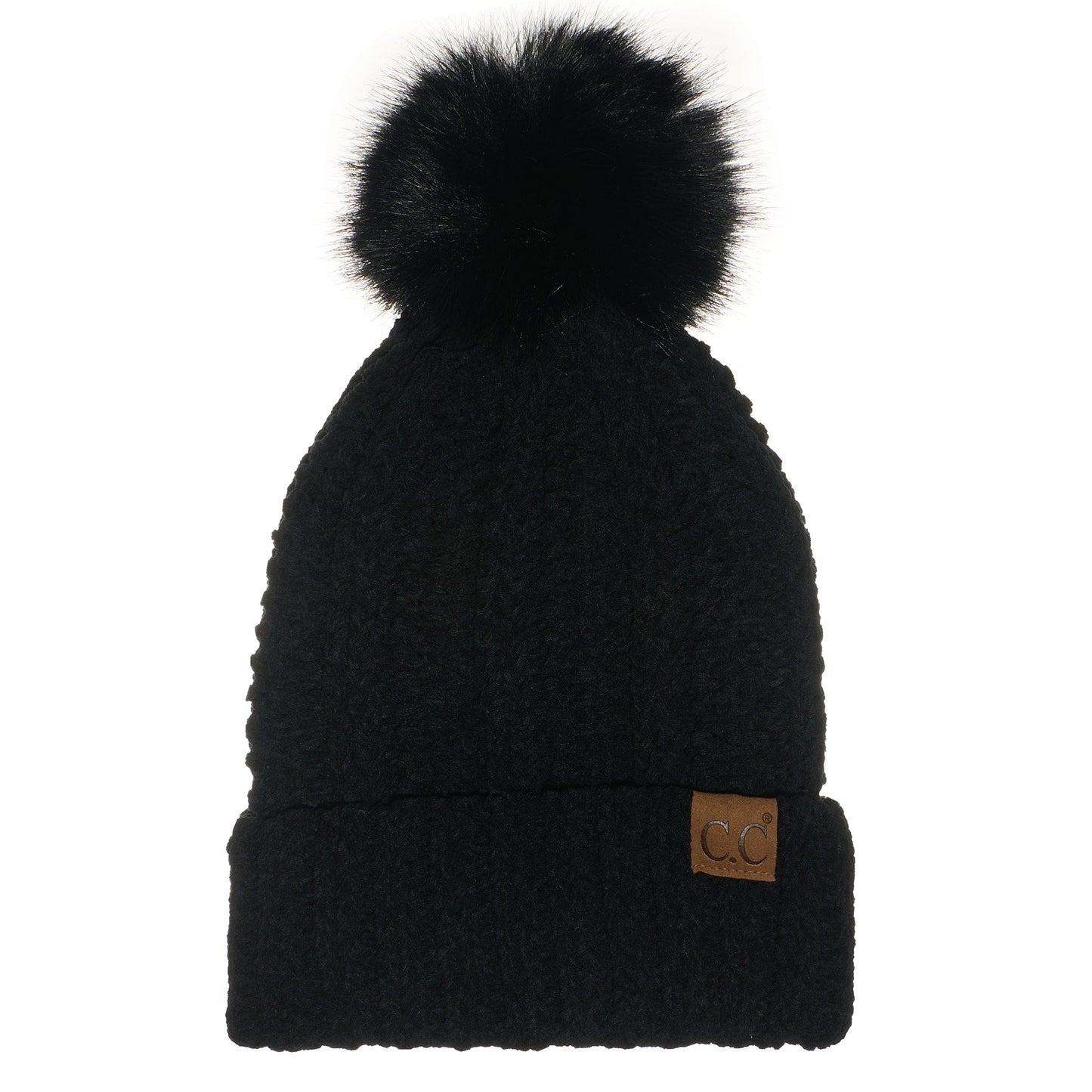 C.C Apparel Black C.C Thick Cable Knit Faux Fur Pom Beanie - CC Winter Warm Hat CH820