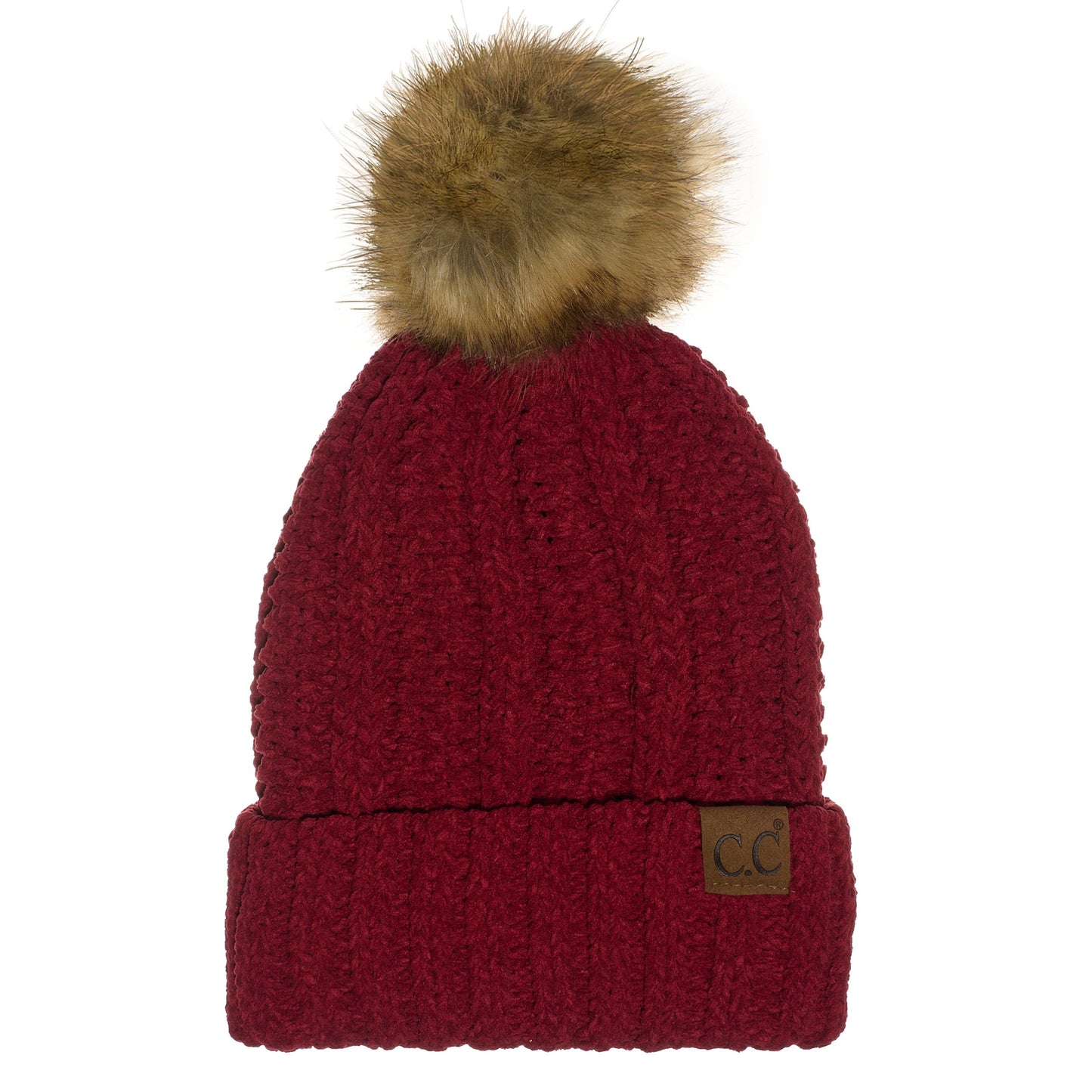C.C Apparel Burgundy C.C Thick Cable Knit Faux Fur Pom Beanie - CC Winter Warm Hat CH820