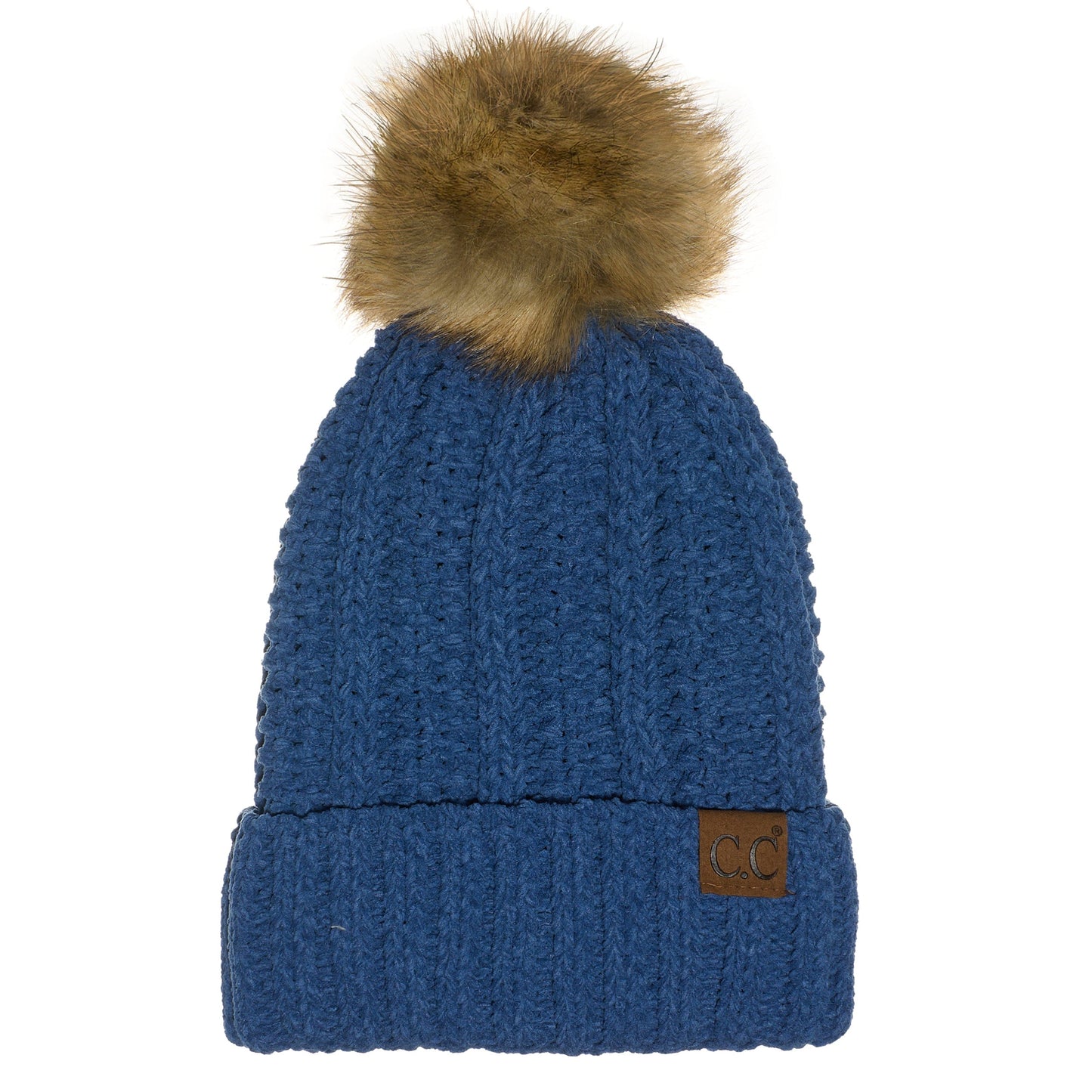 C.C Apparel Dark Denim C.C Thick Cable Knit Faux Fur Pom Beanie - CC Winter Warm Hat CH820