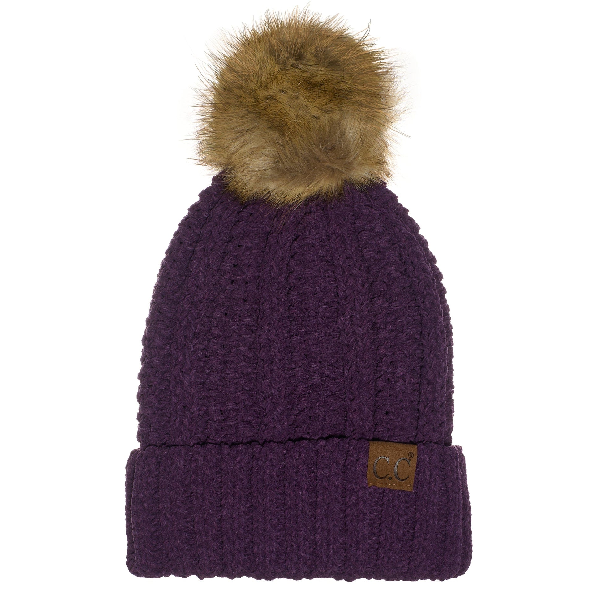 C.C Apparel Dark Purple C.C Thick Cable Knit Faux Fur Pom Beanie - CC Winter Warm Hat CH820