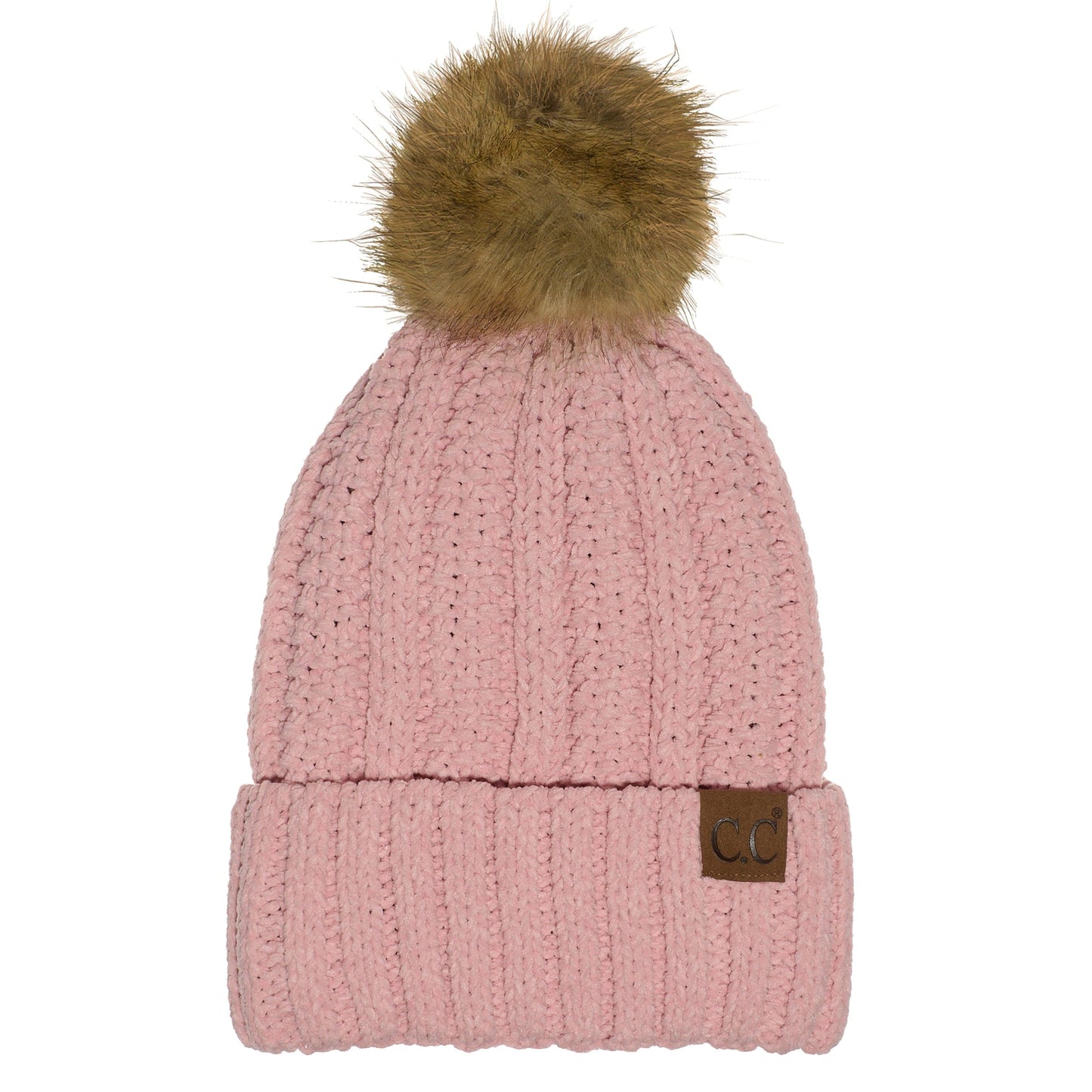 C.C Apparel Indi Pink C.C Thick Cable Knit Faux Fur Pom Beanie - CC Winter Warm Hat CH820