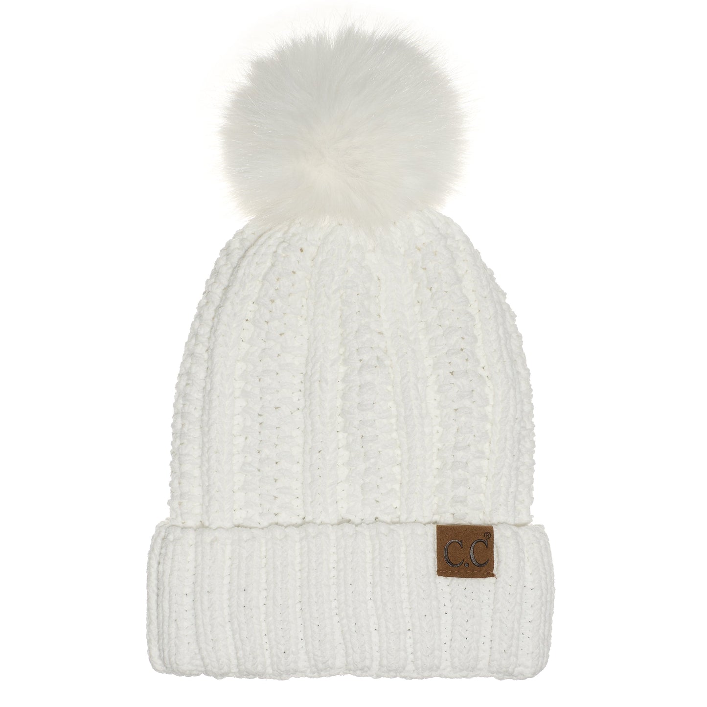 C.C Apparel Ivory C.C Thick Cable Knit Faux Fur Pom Beanie - CC Winter Warm Hat CH820