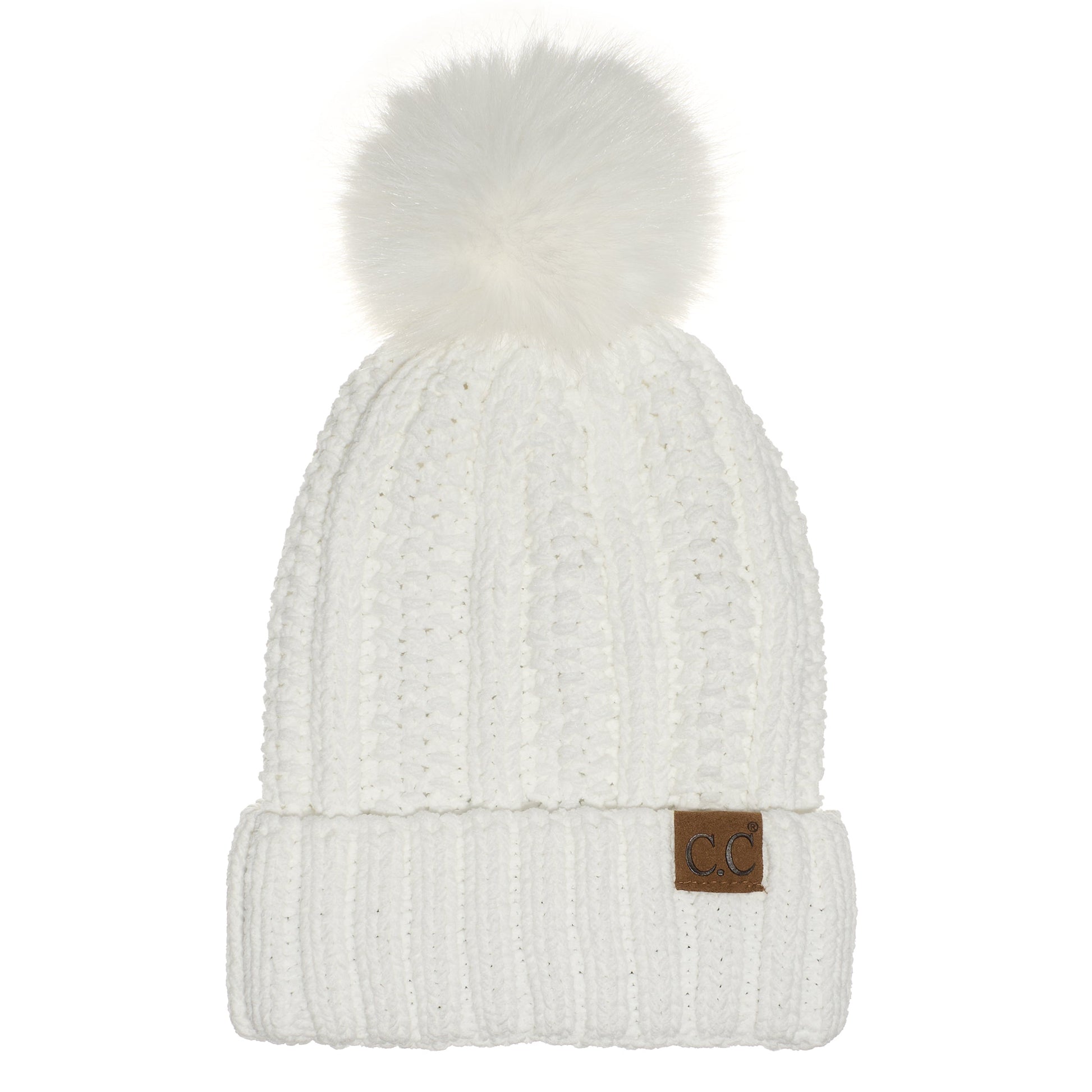 C.C Apparel Ivory C.C Thick Cable Knit Faux Fur Pom Beanie - CC Winter Warm Hat CH820