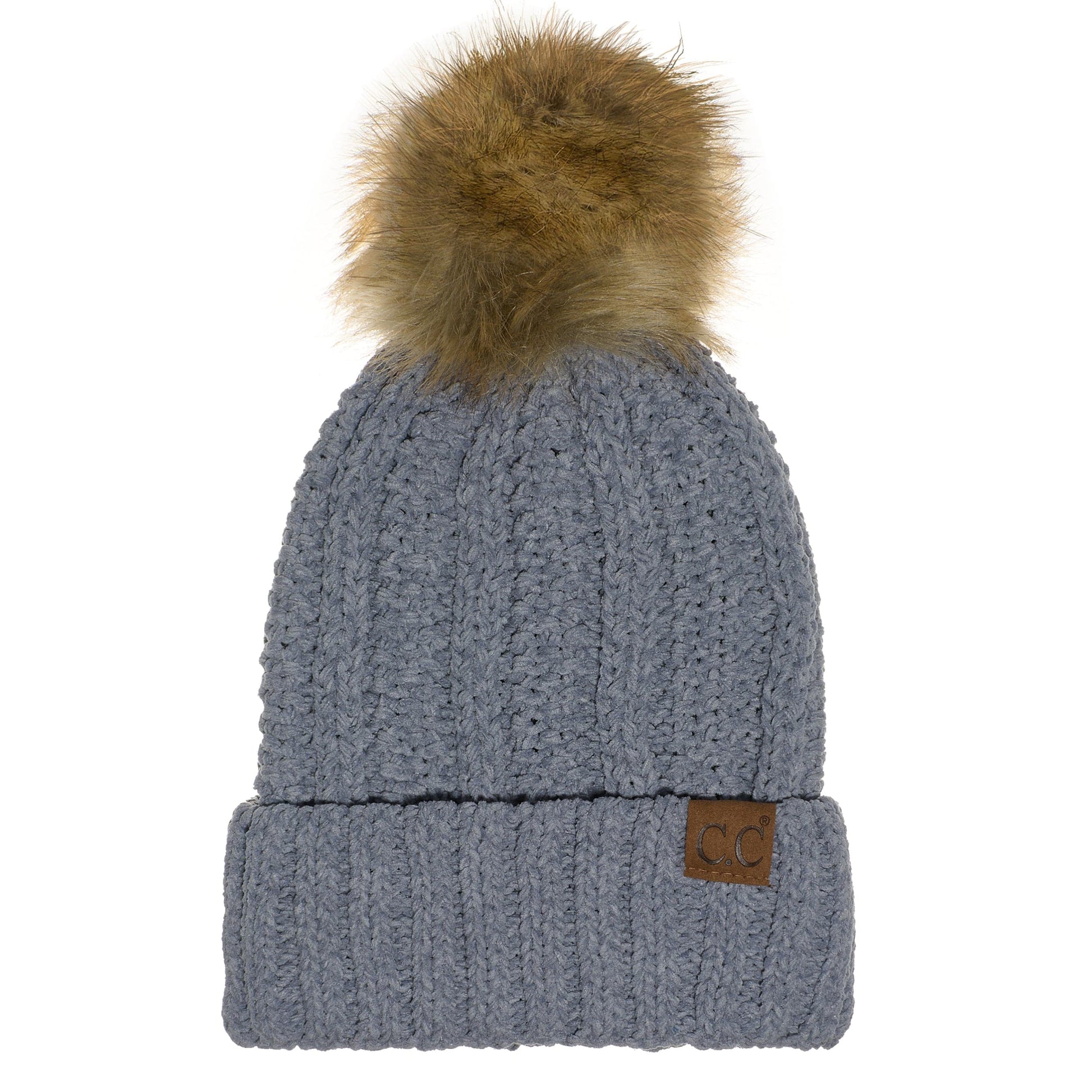 C.C Apparel Light Mel Grey C.C Thick Cable Knit Faux Fur Pom Beanie - CC Winter Warm Hat CH820