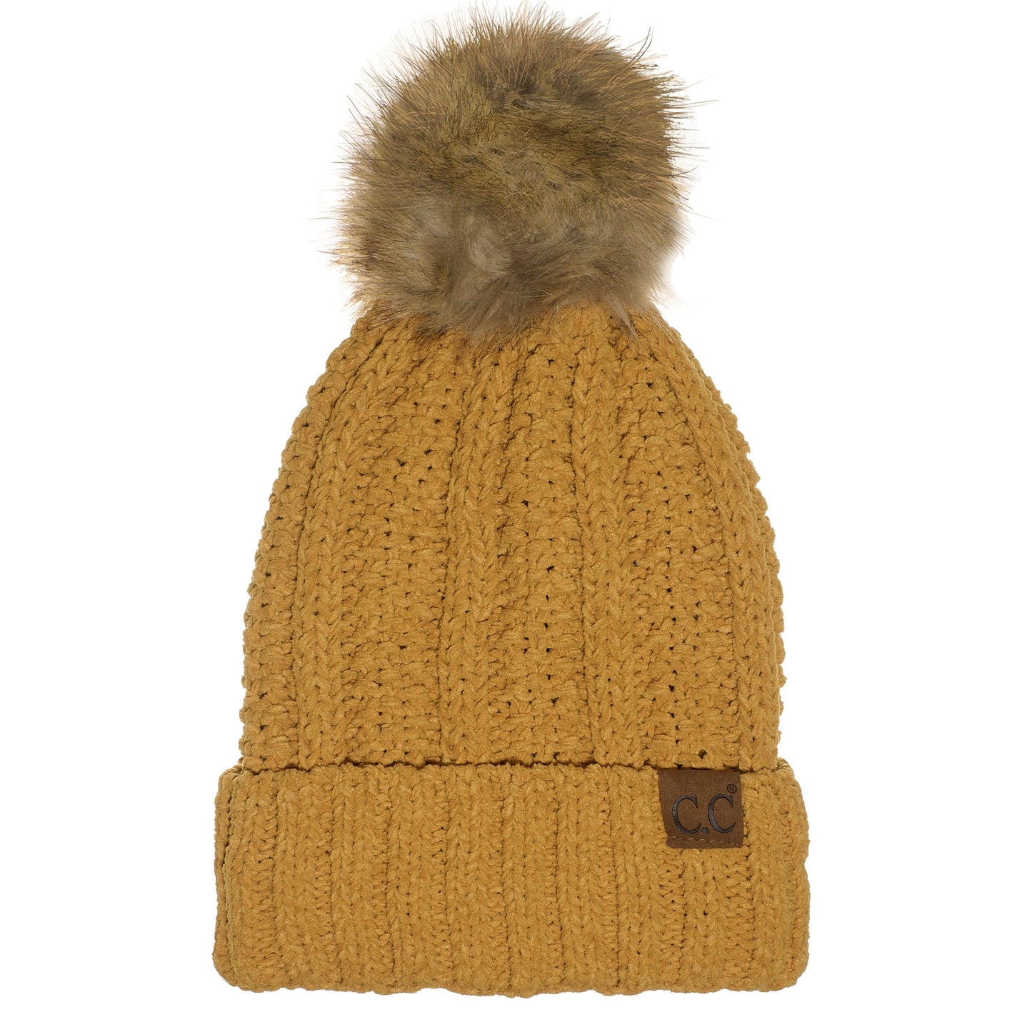 C.C Apparel Mustard C.C Thick Cable Knit Faux Fur Pom Beanie - CC Winter Warm Hat CH820