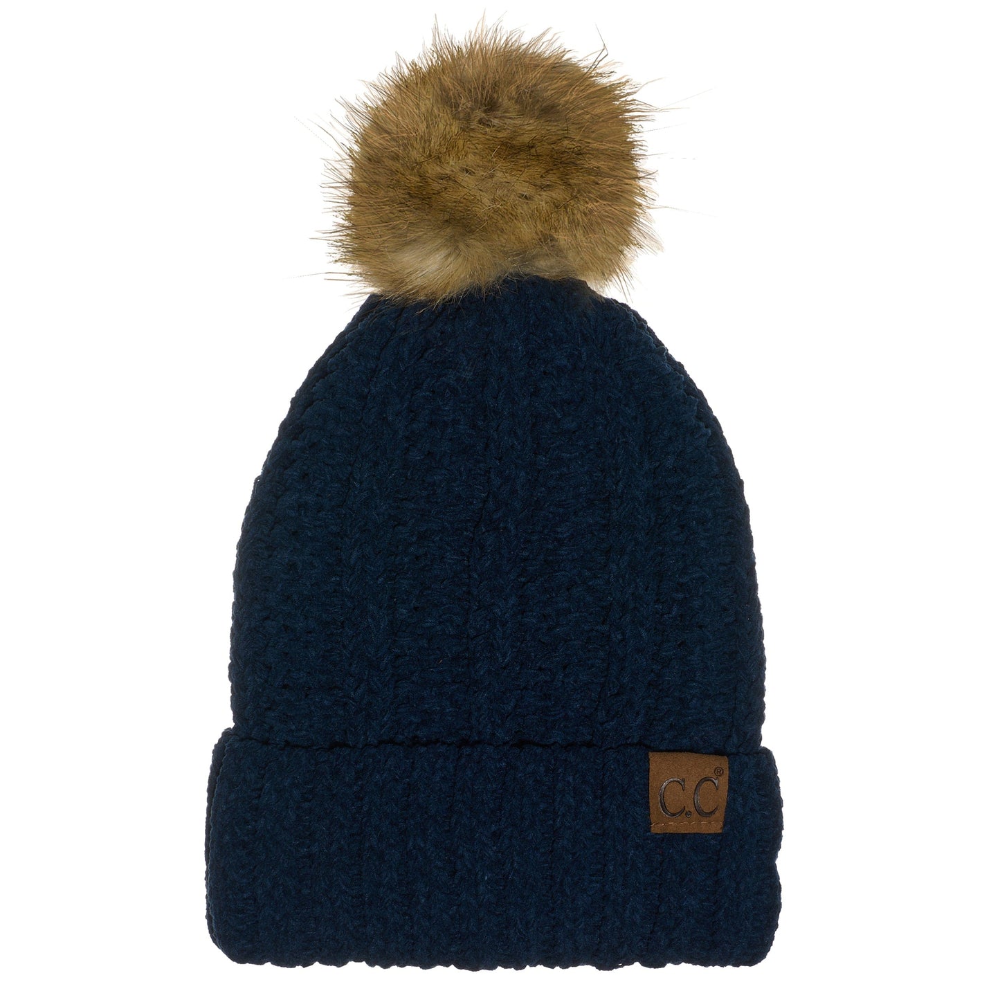 C.C Apparel Navy C.C Thick Cable Knit Faux Fur Pom Beanie - CC Winter Warm Hat CH820