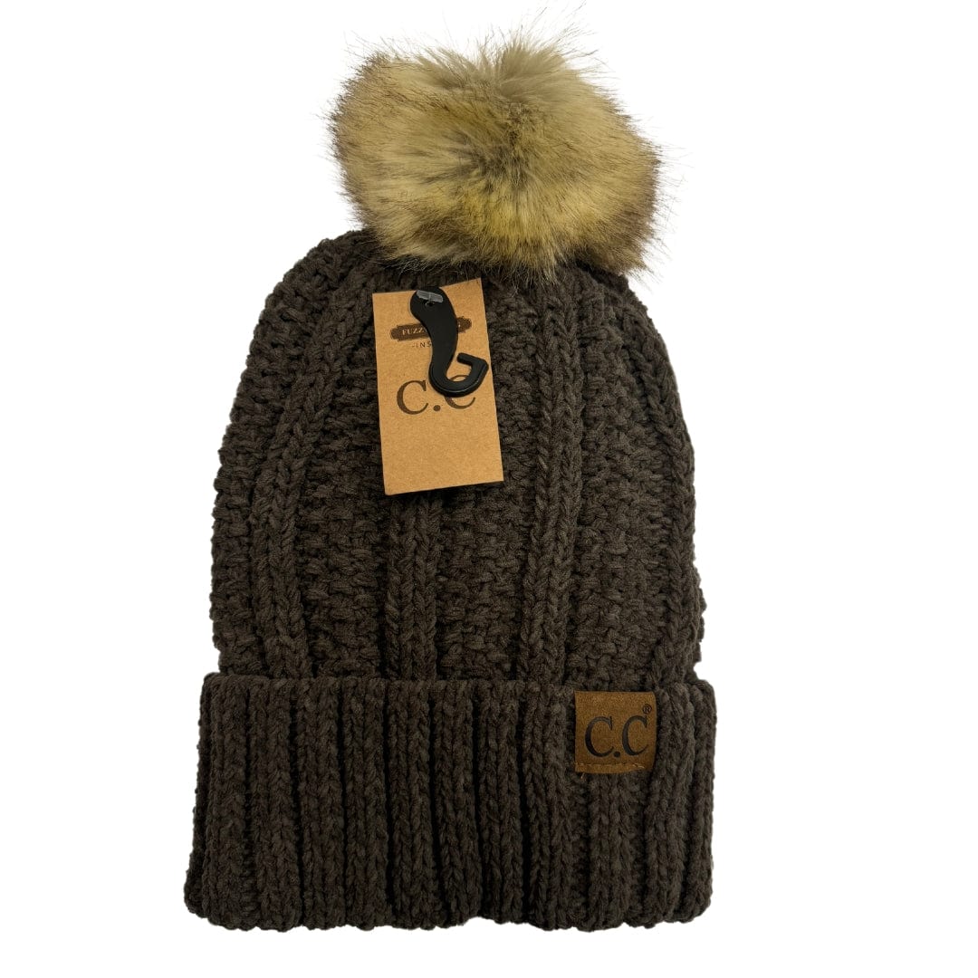 C.C Apparel New Olive C.C Thick Cable Knit Faux Fur Pom Beanie - CC Winter Warm Hat CH820