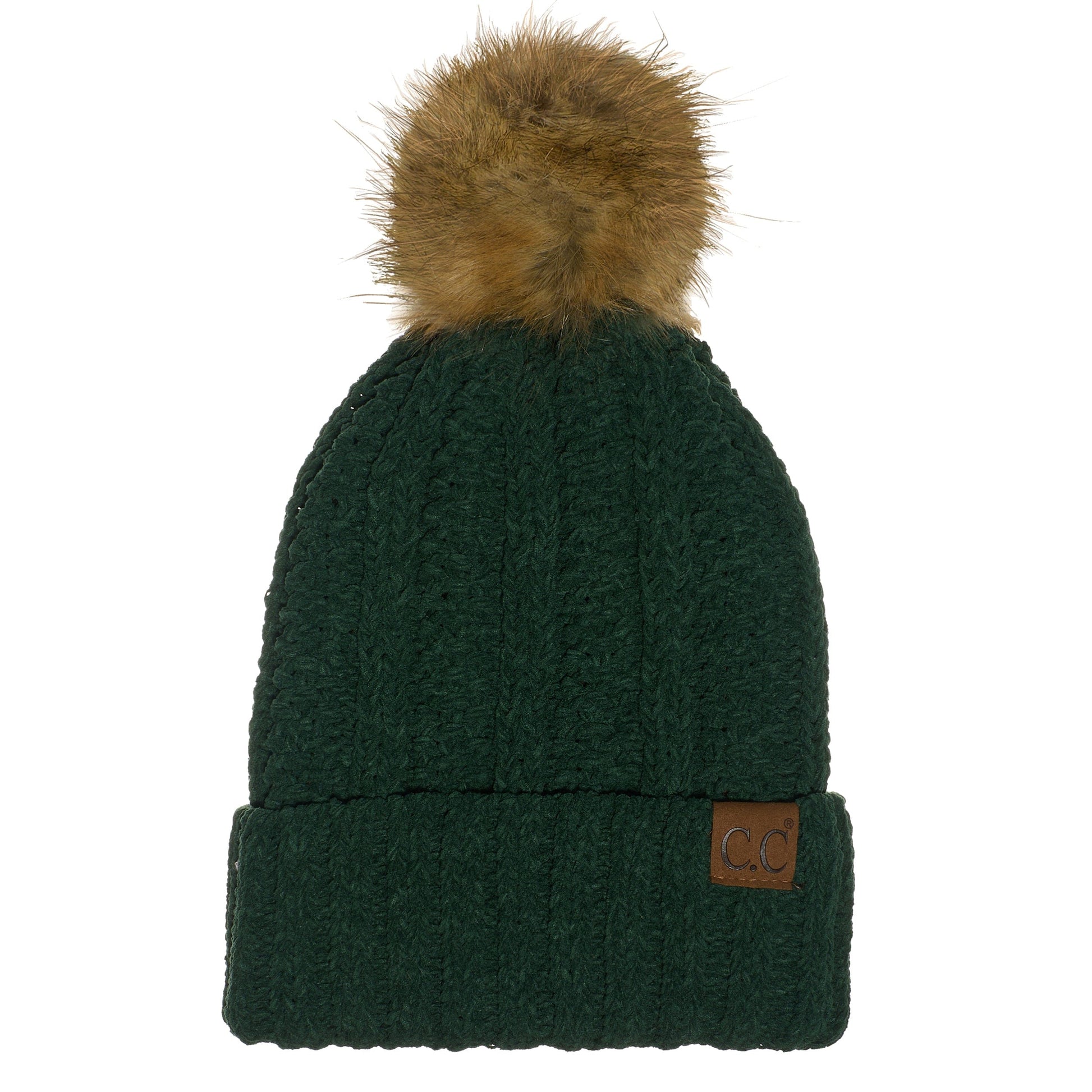 C.C Apparel Teal Green C.C Thick Cable Knit Faux Fur Pom Beanie - CC Winter Warm Hat CH820