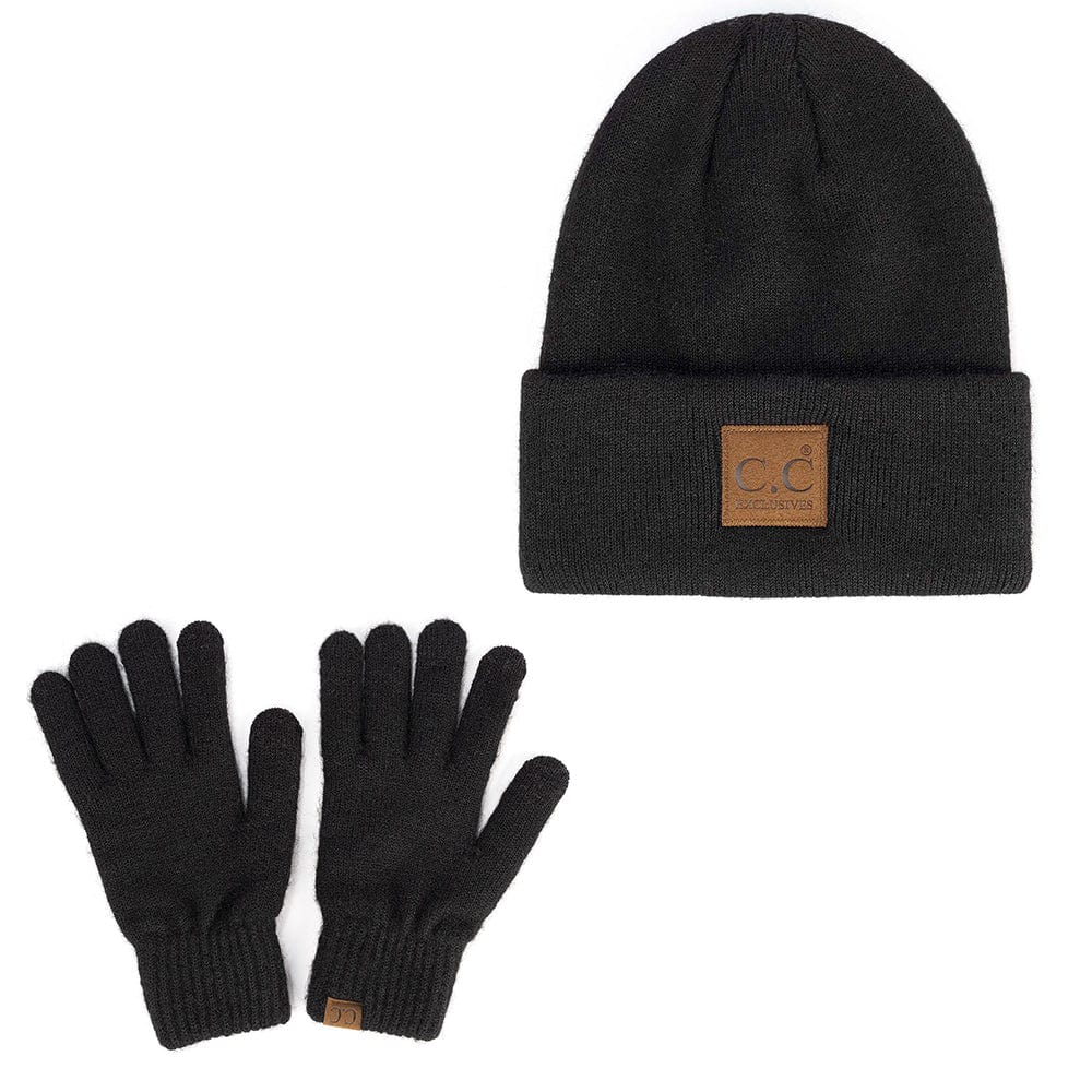 C.C Apparel Black C.C Unisex Eco Classic Cuff Skull Cap Winter Knit Beanie & Touchscreen Glove Set
