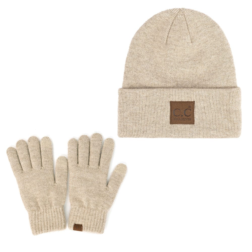 C.C Apparel Heather Beige C.C Unisex Eco Classic Cuff Skull Cap Winter Knit Beanie & Touchscreen Glove Set