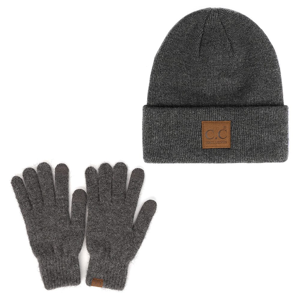 C.C Apparel Heather Charcoal C.C Unisex Eco Classic Cuff Skull Cap Winter Knit Beanie & Touchscreen Glove Set