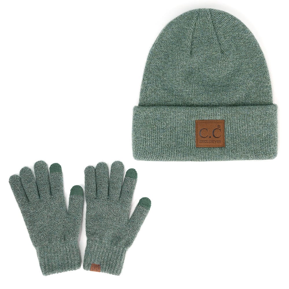 C.C Apparel Heather Forest C.C Unisex Eco Classic Cuff Skull Cap Winter Knit Beanie & Touchscreen Glove Set