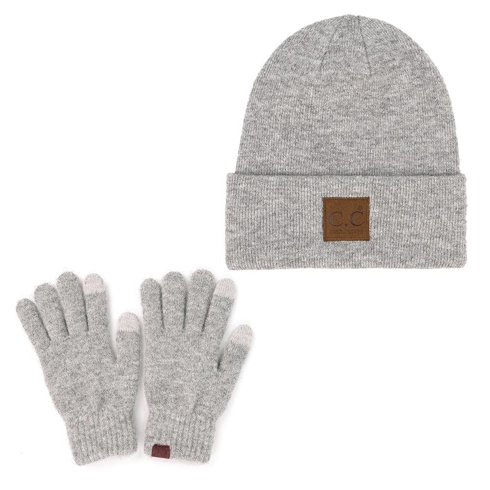 C.C Apparel Heather Grey C.C Unisex Eco Classic Cuff Skull Cap Winter Knit Beanie & Touchscreen Glove Set