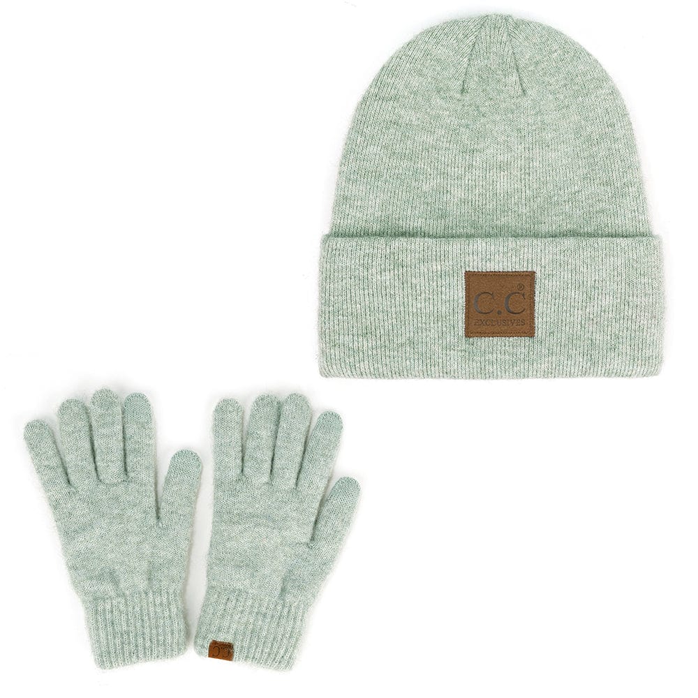 C.C Apparel Heather Mint C.C Unisex Eco Classic Cuff Skull Cap Winter Knit Beanie & Touchscreen Glove Set