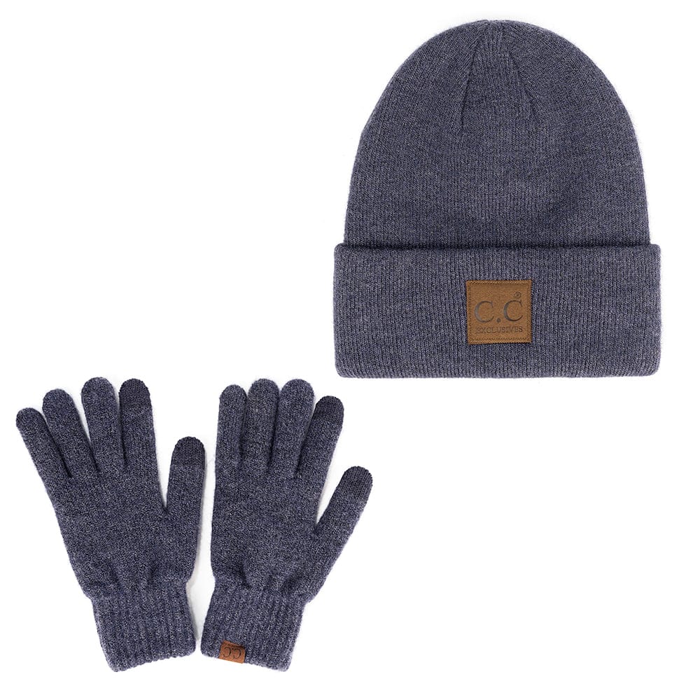 C.C Apparel Heather Navy C.C Unisex Eco Classic Cuff Skull Cap Winter Knit Beanie & Touchscreen Glove Set