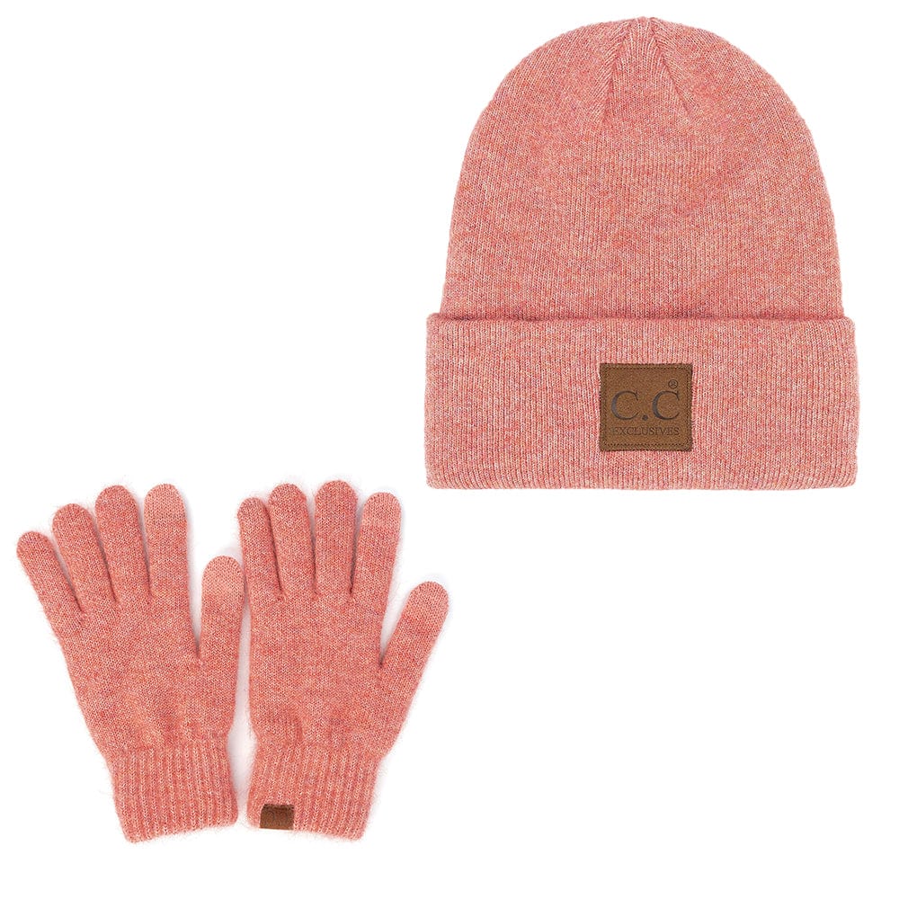 C.C Apparel Heather Strawberry C.C Unisex Eco Classic Cuff Skull Cap Winter Knit Beanie & Touchscreen Glove Set