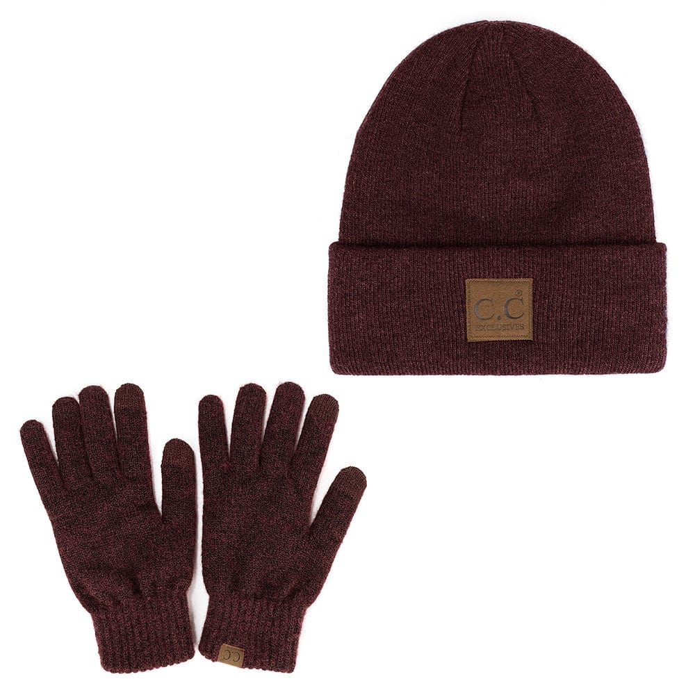 C.C Apparel Heather Wine C.C Unisex Eco Classic Cuff Skull Cap Winter Knit Beanie & Touchscreen Glove Set