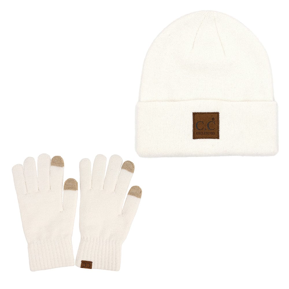 C.C Apparel White C.C Unisex Eco Classic Cuff Skull Cap Winter Knit Beanie & Touchscreen Glove Set