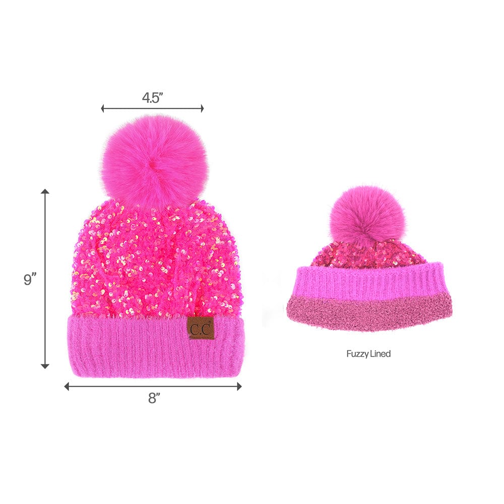 C.C Apparel C.C Women Fuzzy Lined Sequin Fur Pom Beanie & Mitten Set