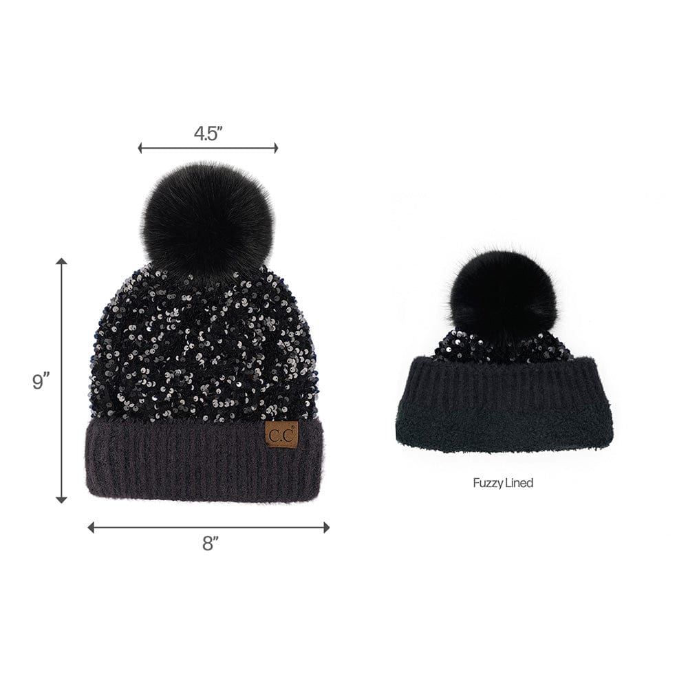 C.C Apparel C.C Women Fuzzy Lined Sequin Fur Pom Beanie & Mitten Set