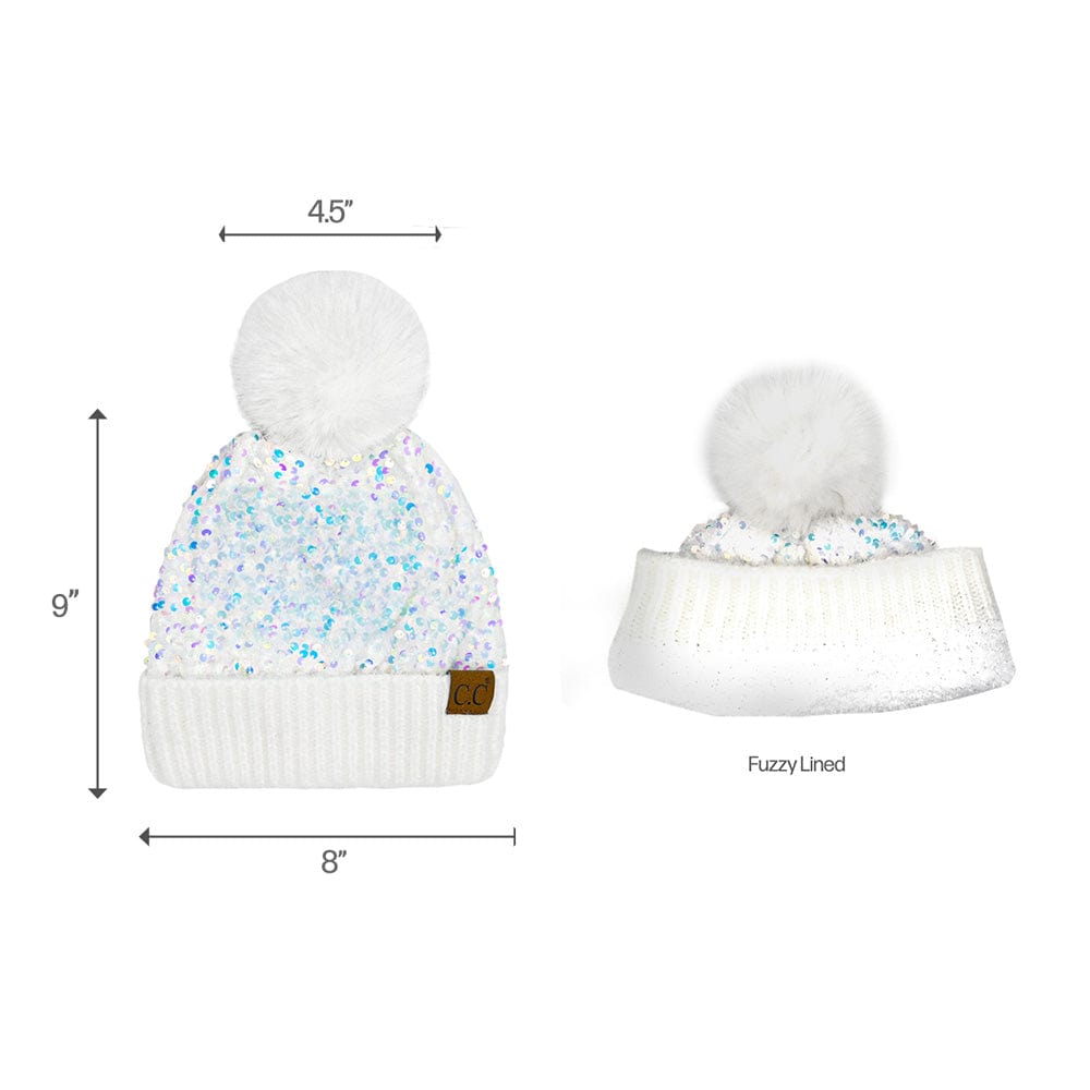 C.C Apparel C.C Women Fuzzy Lined Sequin Fur Pom Beanie & Mitten Set