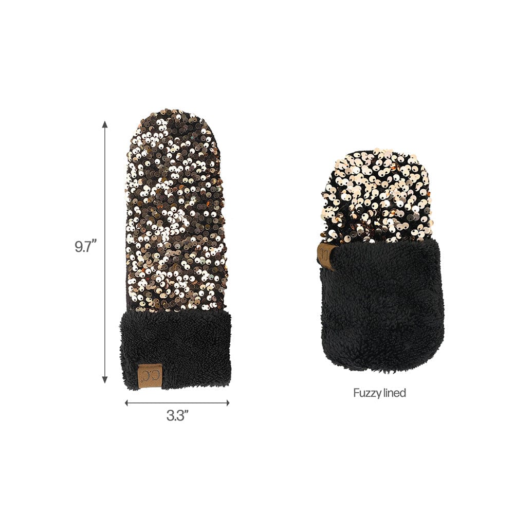 C.C Apparel C.C Women Fuzzy Lined Sequin Fur Pom Beanie & Mitten Set