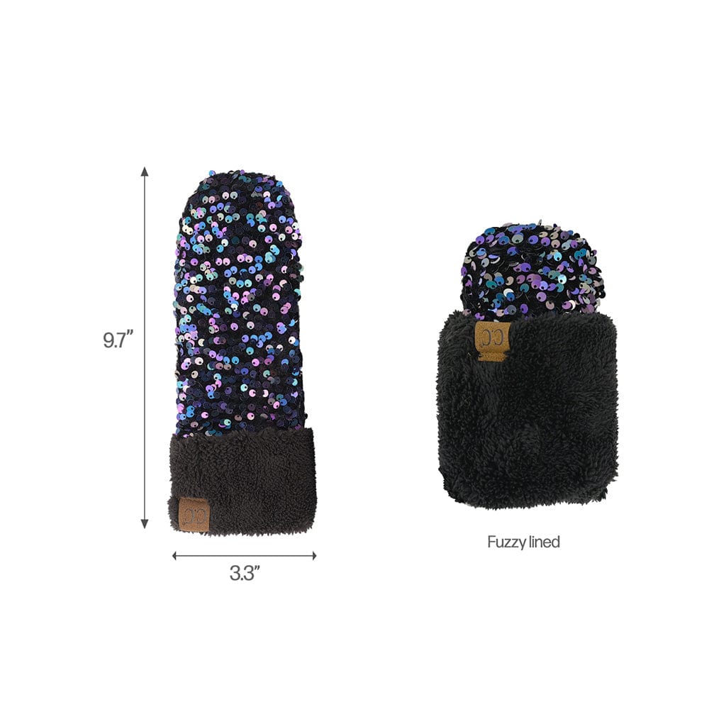 C.C Apparel C.C Women Fuzzy Lined Sequin Fur Pom Beanie & Mitten Set