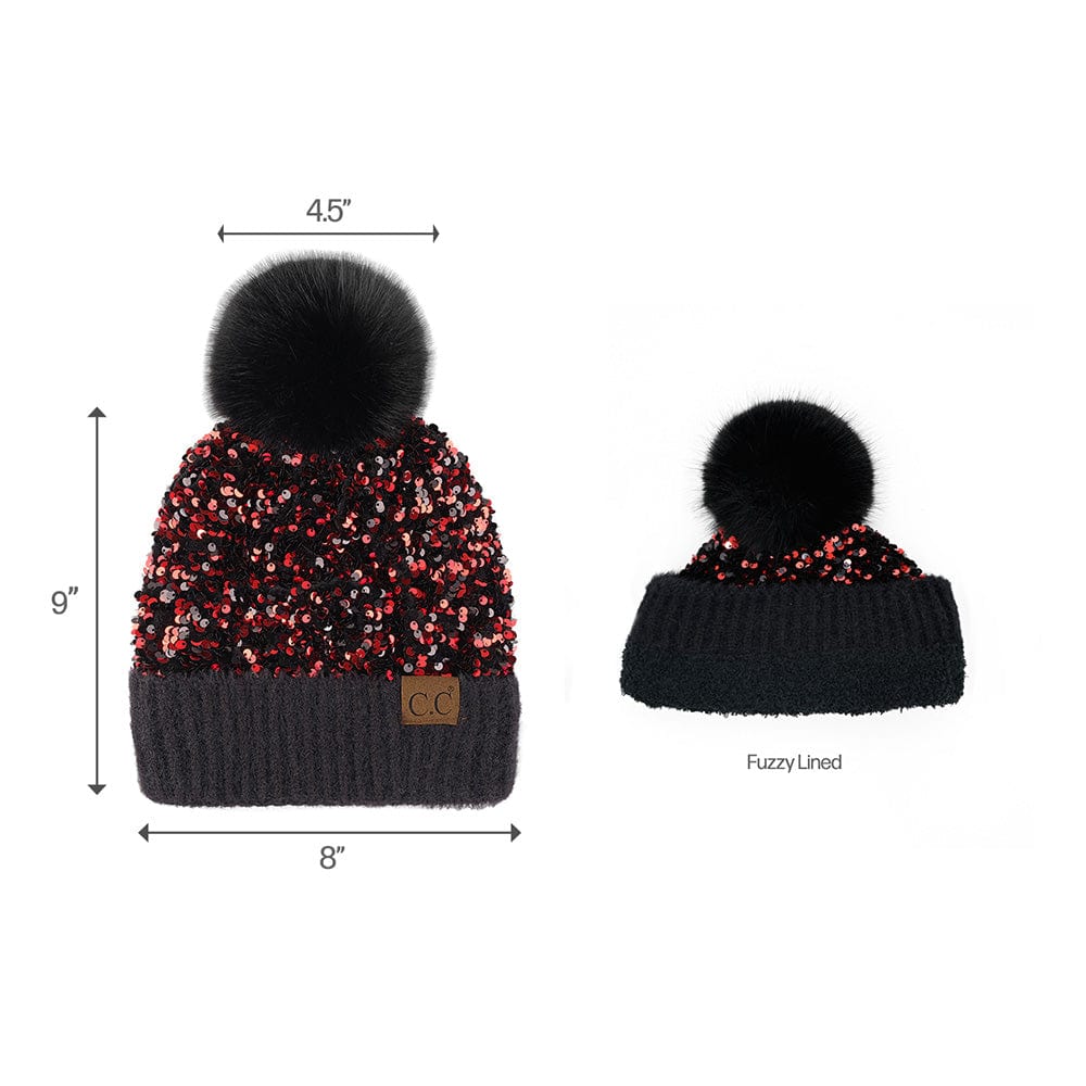 C.C Apparel C.C Women Fuzzy Lined Sequin Fur Pom Beanie & Mitten Set