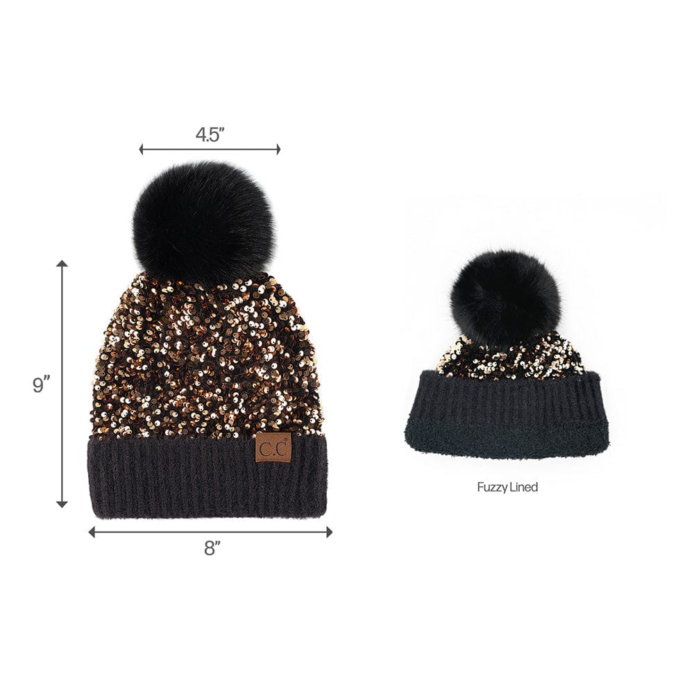 C.C Apparel C.C Women Fuzzy Lined Sequin Fur Pom Beanie & Mitten Set