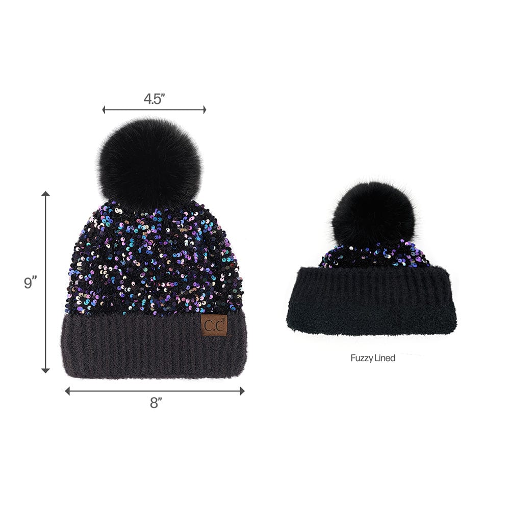 C.C Apparel C.C Women Fuzzy Lined Sequin Fur Pom Beanie & Mitten Set