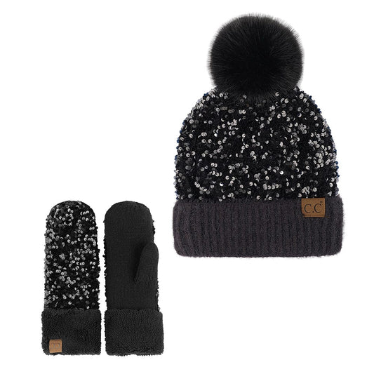 C.C Apparel Black C.C Women Fuzzy Lined Sequin Fur Pom Beanie & Mitten Set