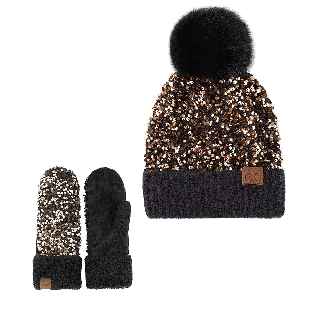 C.C Apparel Gold C.C Women Fuzzy Lined Sequin Fur Pom Beanie & Mitten Set