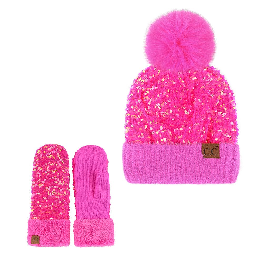 C.C Apparel Hot Pink C.C Women Fuzzy Lined Sequin Fur Pom Beanie & Mitten Set