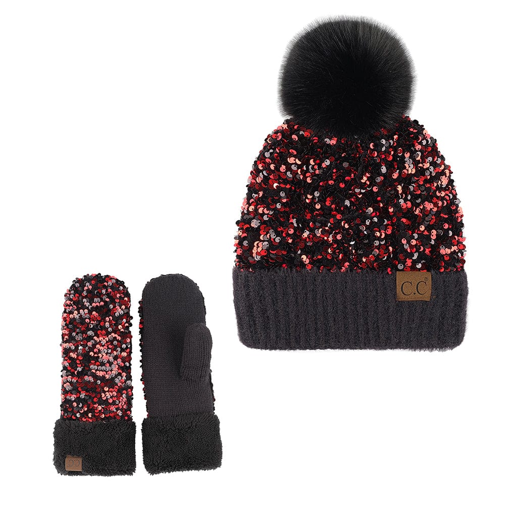 C.C Apparel Red Black C.C Women Fuzzy Lined Sequin Fur Pom Beanie & Mitten Set