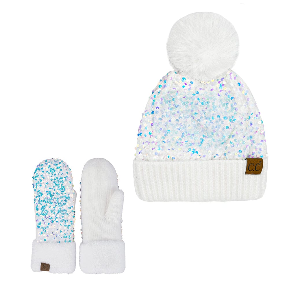 C.C Apparel White C.C Women Fuzzy Lined Sequin Fur Pom Beanie & Mitten Set