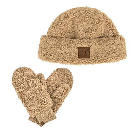 C.C Apparel C.C Women Fuzzy Lined Sherpa Cuff Warm Winter Beanie and Mitten Set