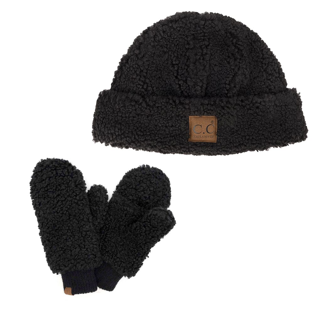 C.C Apparel C.C Women Fuzzy Lined Sherpa Cuff Warm Winter Beanie and Mitten Set