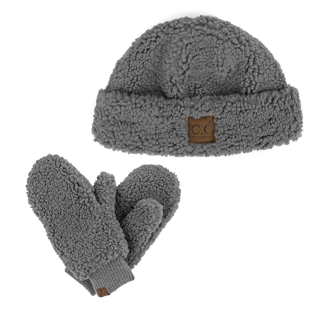 C.C Apparel C.C Women Fuzzy Lined Sherpa Cuff Warm Winter Beanie and Mitten Set