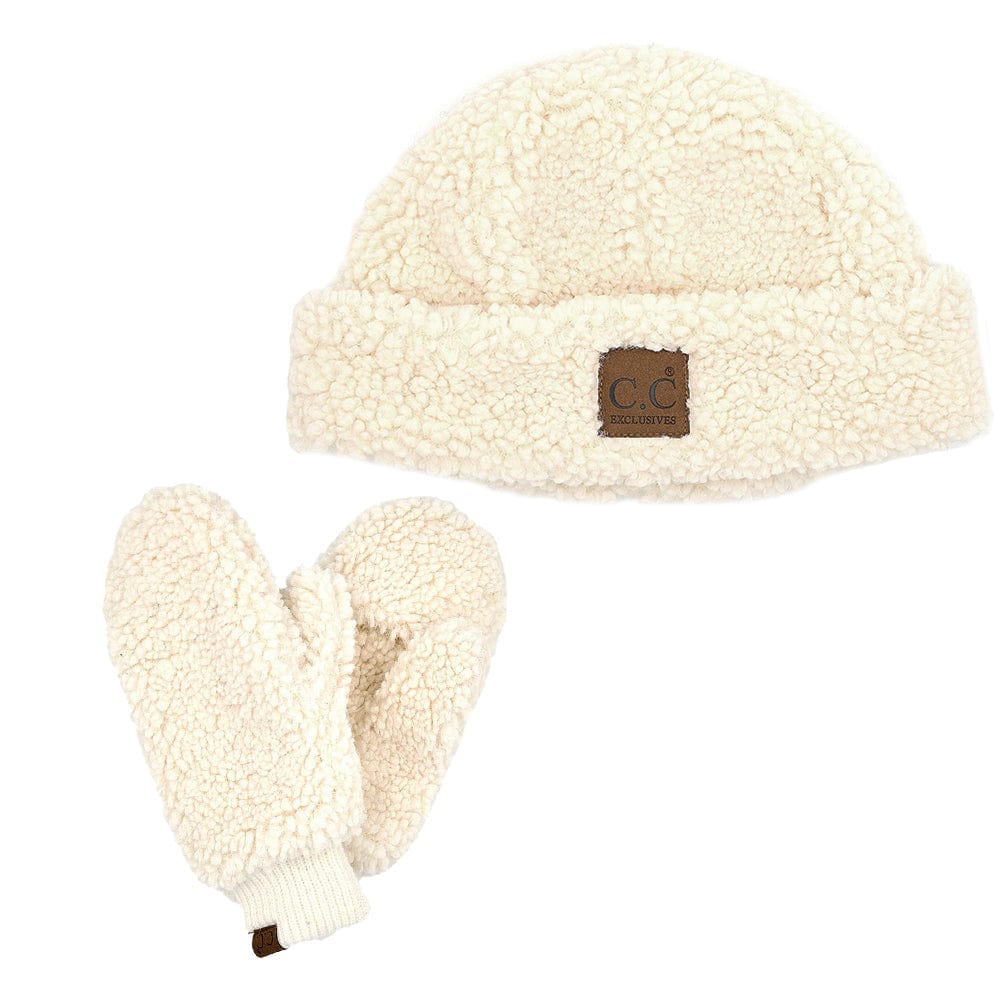 C.C Apparel Ivory C.C Women Fuzzy Lined Sherpa Cuff Warm Winter Beanie and Mitten Set