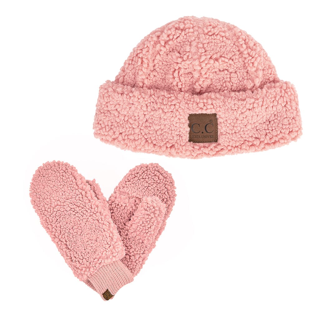 C.C Apparel Rose C.C Women Fuzzy Lined Sherpa Cuff Warm Winter Beanie and Mitten Set