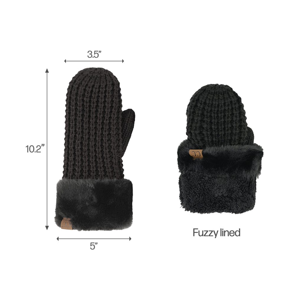 C.C Apparel C.C Women Waffle Knit Fuzzy Sherpa Lined Pom Beanie & Mitten Winter Gloves Set