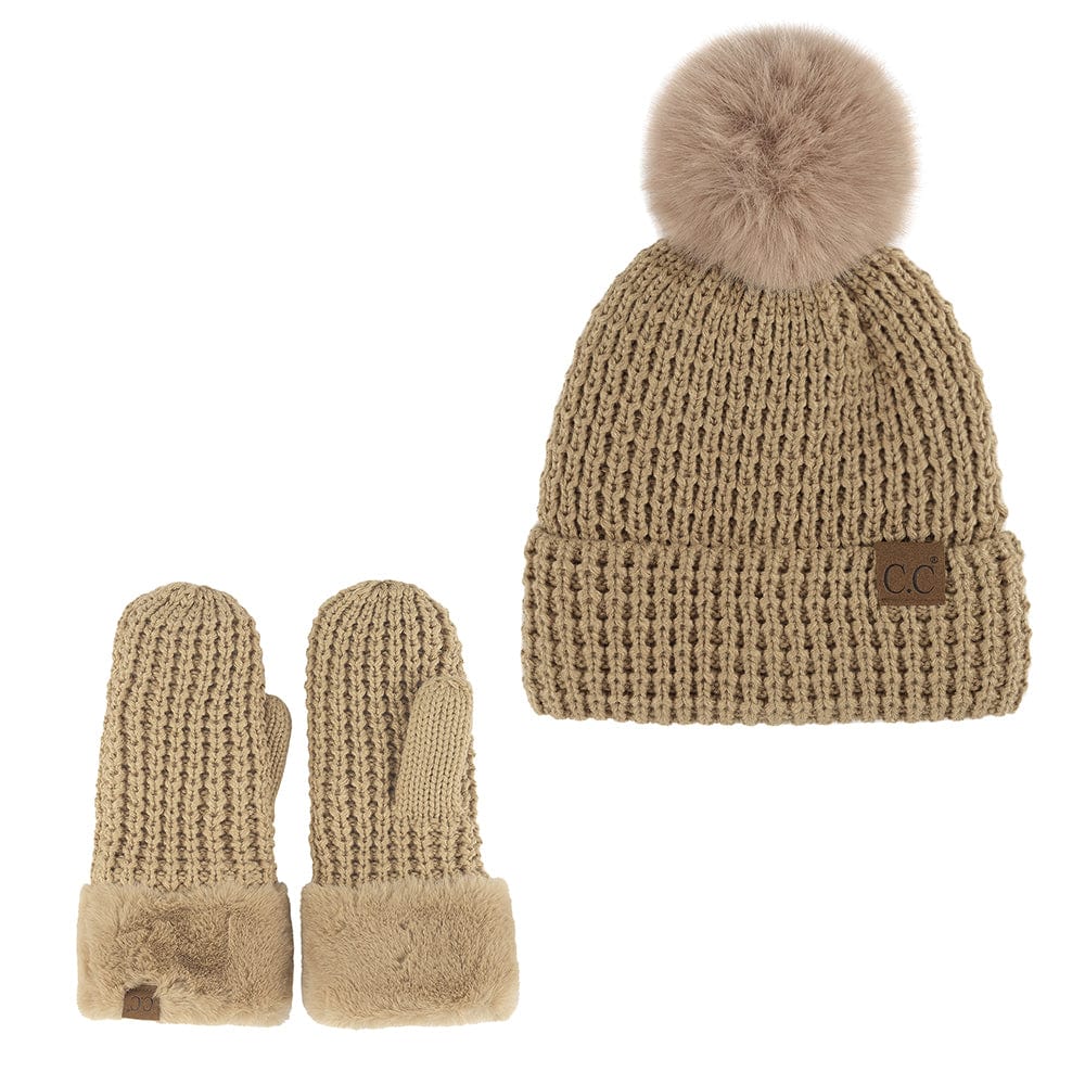 C.C Apparel C.C Women Waffle Knit Fuzzy Sherpa Lined Pom Beanie & Mitten Winter Gloves Set