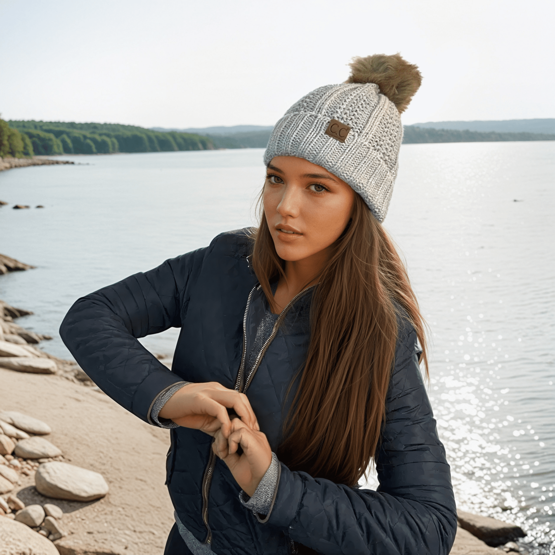 C.C YJ820 - Thick Cable Knit Hat Faux Fur Pom Pom Fleece C.C YJ820 - Thick Cable Knit Hat Faux Fur Pom Pom Fleece
