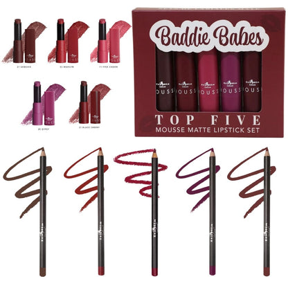 Italia Deluxe Cosmetics Top 5 Baddie Babes + 5 Lipliners Lip Kit by Italia Deluxe Top 5 Lipstick and Ultrafine Lipliner Set, Creamy and Highly Pigmented Lip Makeup Combo