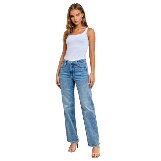 Judy Blue Apparel Judy Blue Mid Rise Tummy Control Vintage Wash Straight Leg Jeans for Women