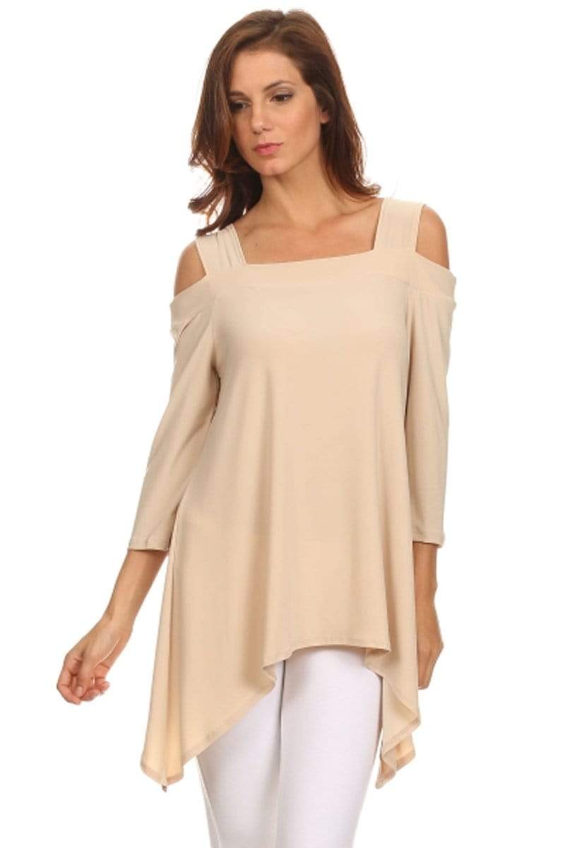 Auliné Collection Apparel Beige / Small Auliné Collection Women's 3/4 Sleeve Various Handkerchief Hem Sharkbite Tunic Top