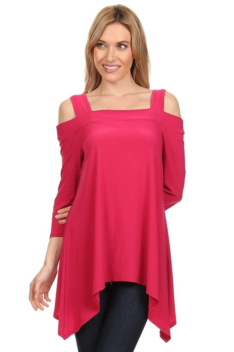 Auliné Collection Apparel Fuchsia / Small Auliné Collection Women's 3/4 Sleeve Various Handkerchief Hem Sharkbite Tunic Top