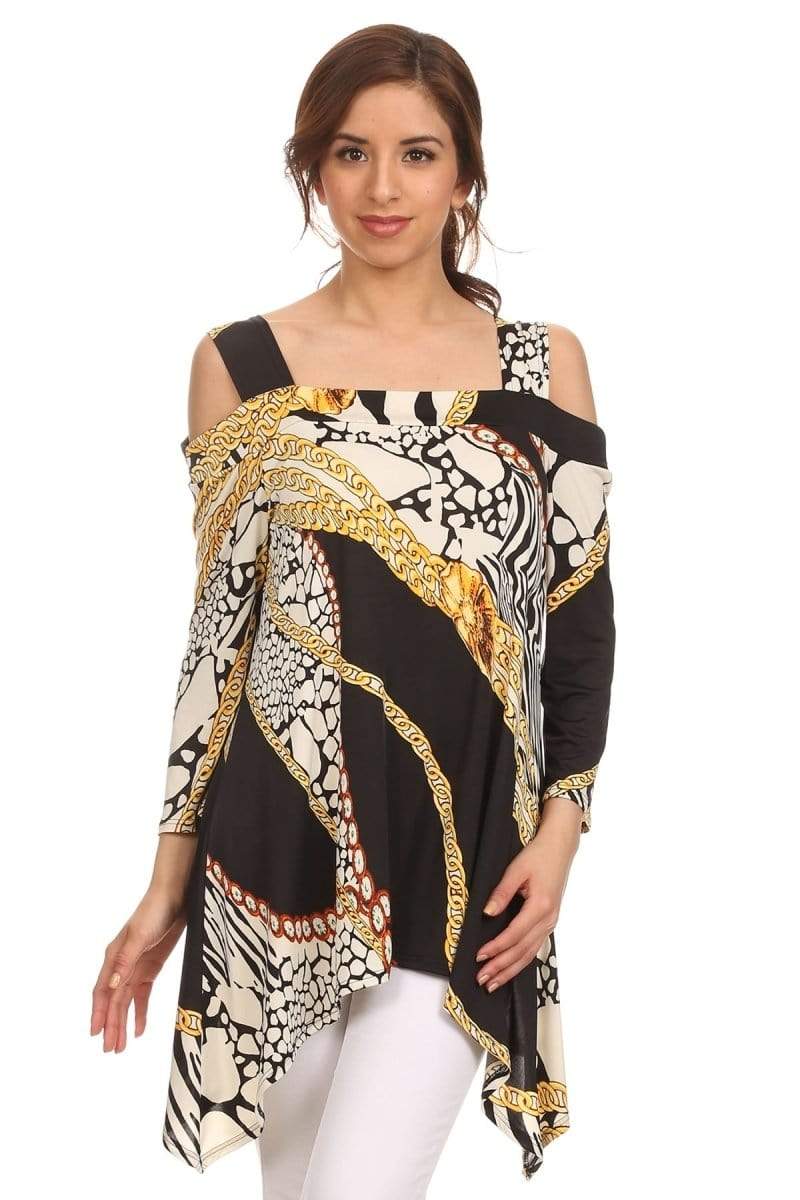 Auliné Collection Apparel Gold and Black Chain Print / Small Auliné Collection Women's 3/4 Sleeve Various Handkerchief Hem Sharkbite Tunic Top