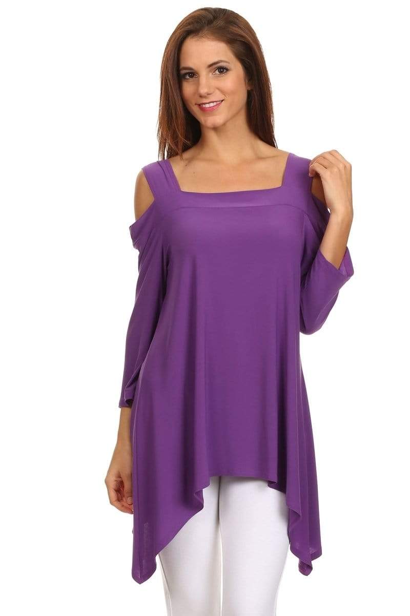 Auliné Collection Apparel Purple / Small Auliné Collection Women's 3/4 Sleeve Various Handkerchief Hem Sharkbite Tunic Top