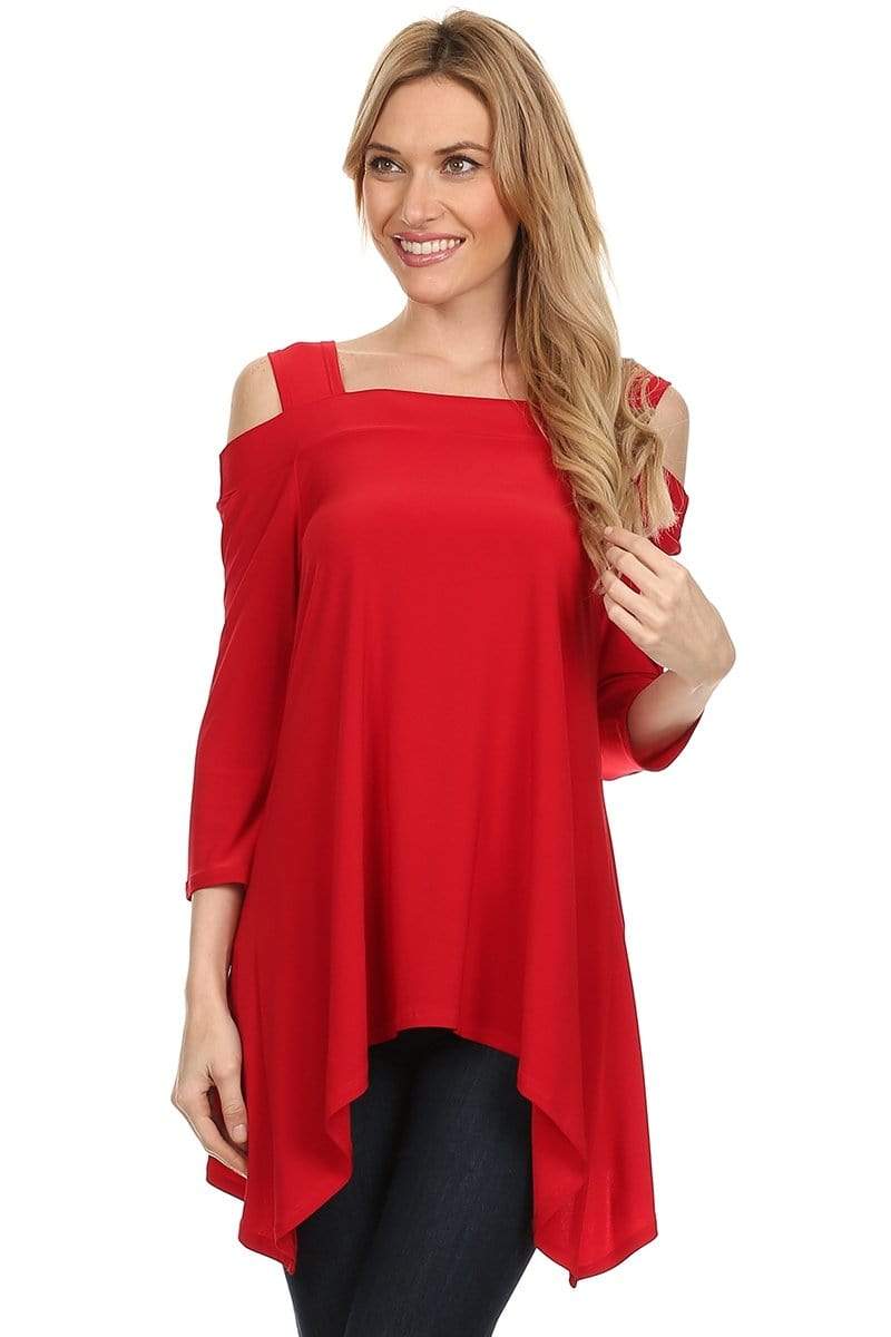Auliné Collection Apparel Red / Small Auliné Collection Women's 3/4 Sleeve Various Handkerchief Hem Sharkbite Tunic Top